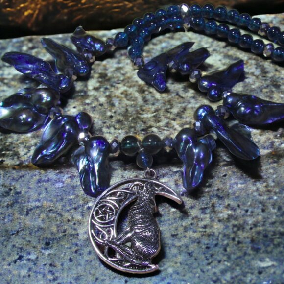 Handmade Wolf and Moon Necklace with Blue Gemstone and Pearl. One of a Kind! - Picture 5 of 6